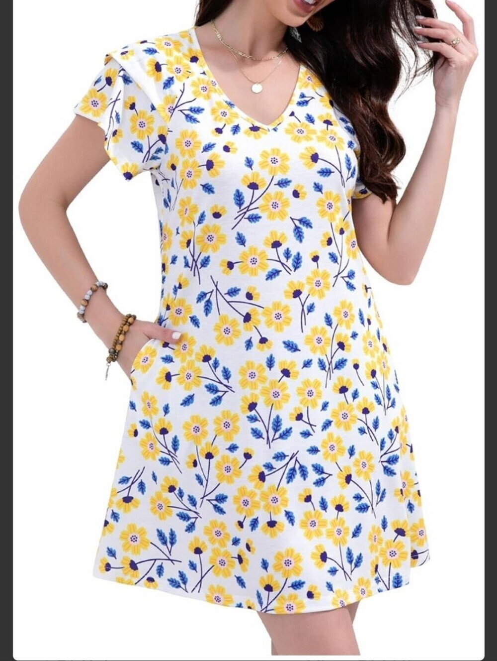 Yellow & Blue Floral V-Neck Summer Dress